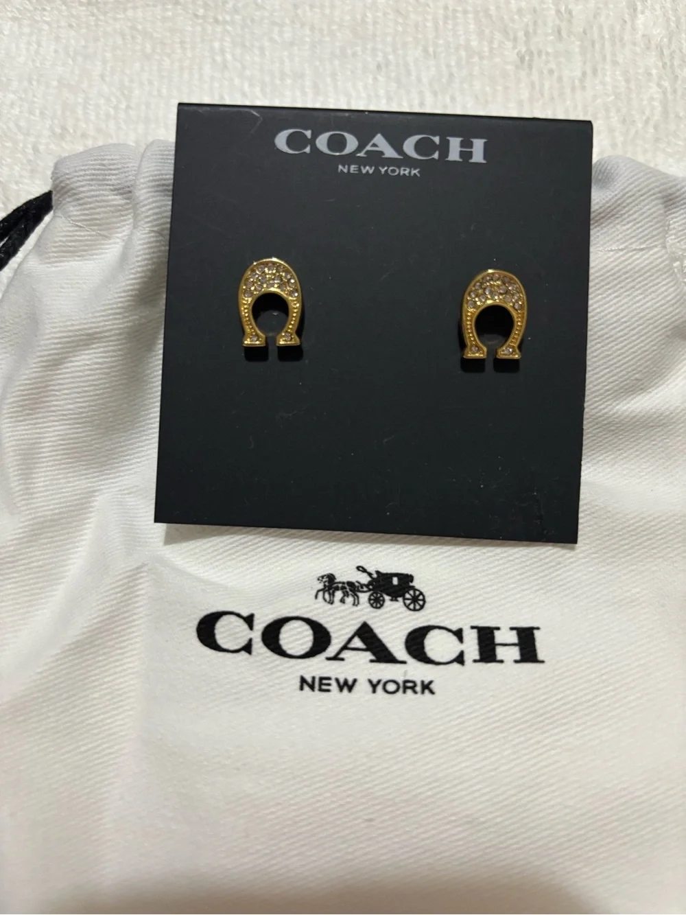 NWT COACH Gold Horseshoe Crystal Stud Earrings